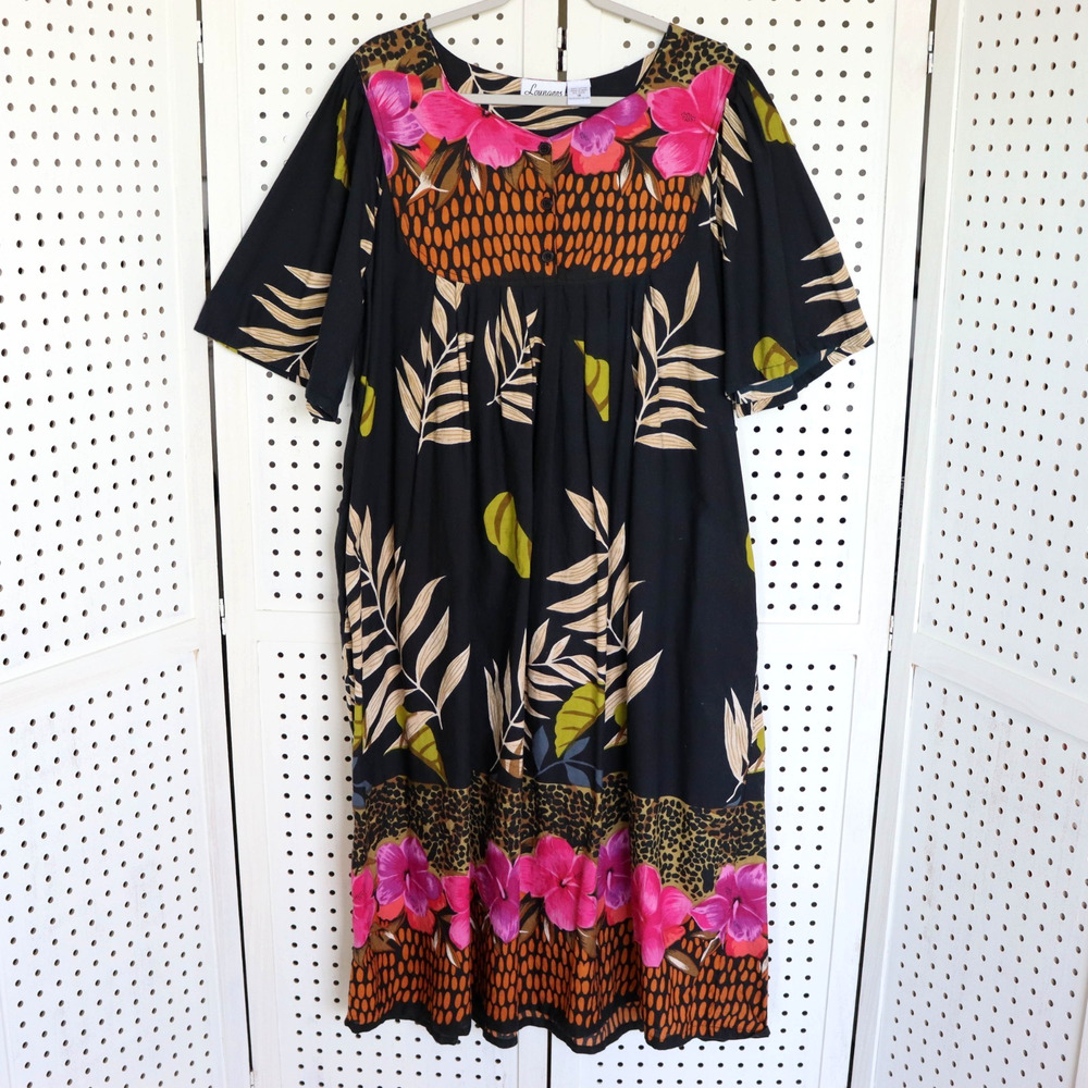 LOUNGEES House Dress Womens SIZE 1X Patio Lounger Cotton Pockets Floral Muumuu